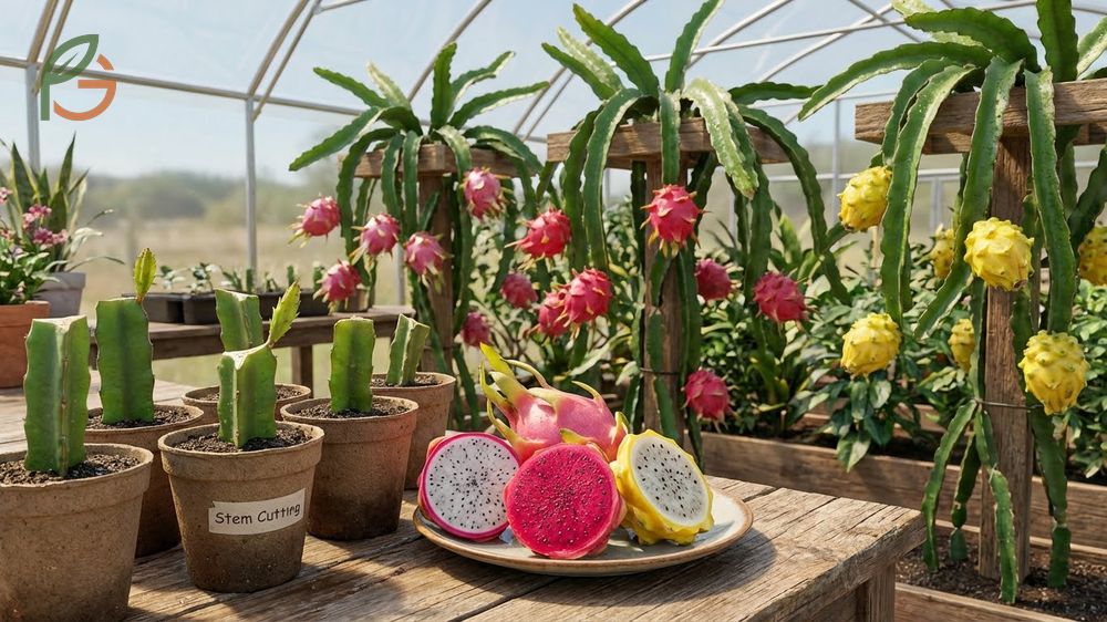 Dragon fruit varieties and propagation methods affect harvest timing, with stem cuttings producing fruit in 1-2 years.