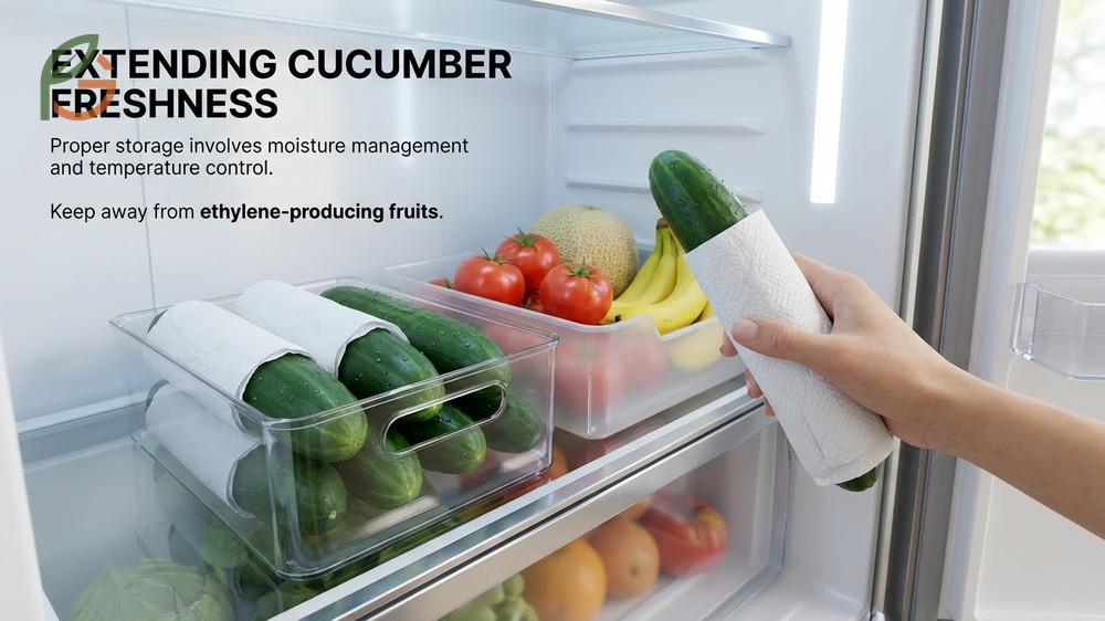 Extending cucumber freshness involves wrapping them in paper towels to absorb moisture and prevent early decay.