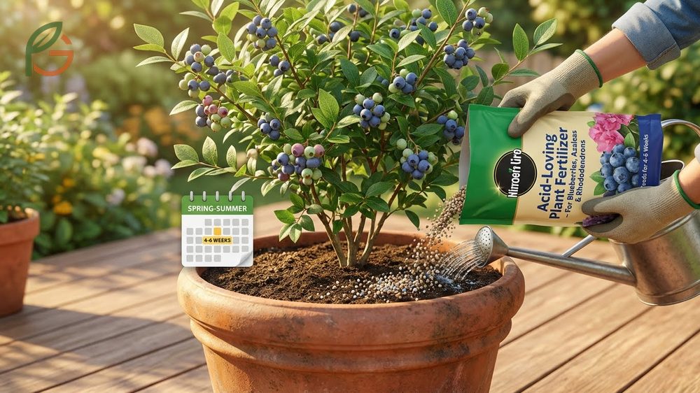 Fertilizing blueberries in containers with acid-loving plant food every 4-6 weeks supports vigorous growth.