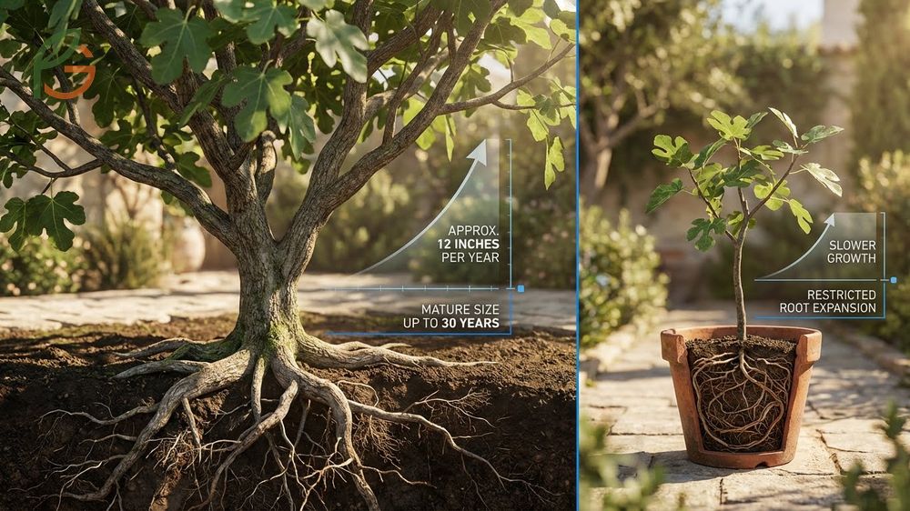 Fig tree growth rate showing rapid shoot development of several feet in young trees.