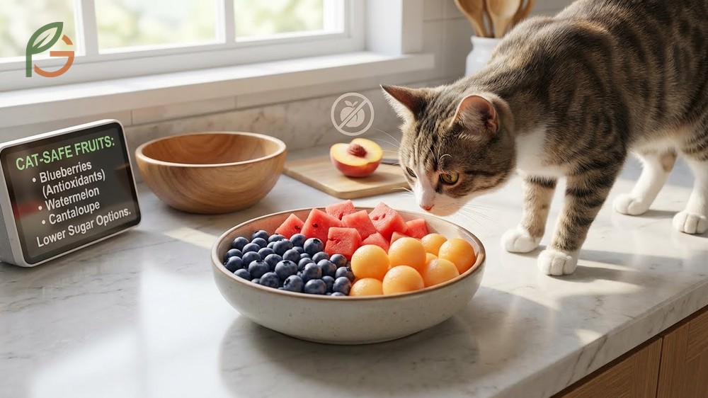 Fruits safe for cats including blueberries and watermelon as lower sugar alternatives to peaches.