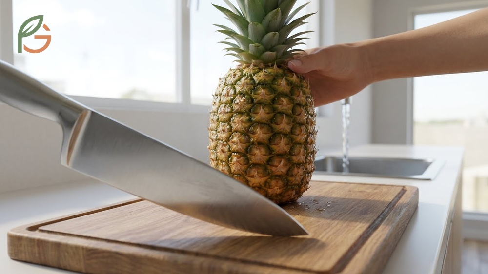 How to cut a pineapple properly by removing the top and bottom to create a stable base for peeling.