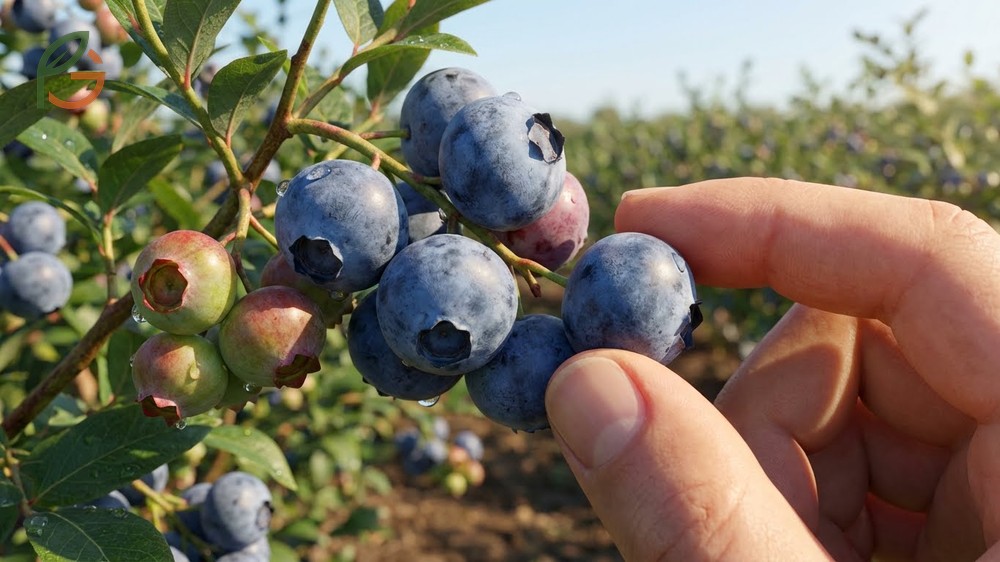 When are blueberries in season ripe indicators showing deep blue color and easy separation from the stem.