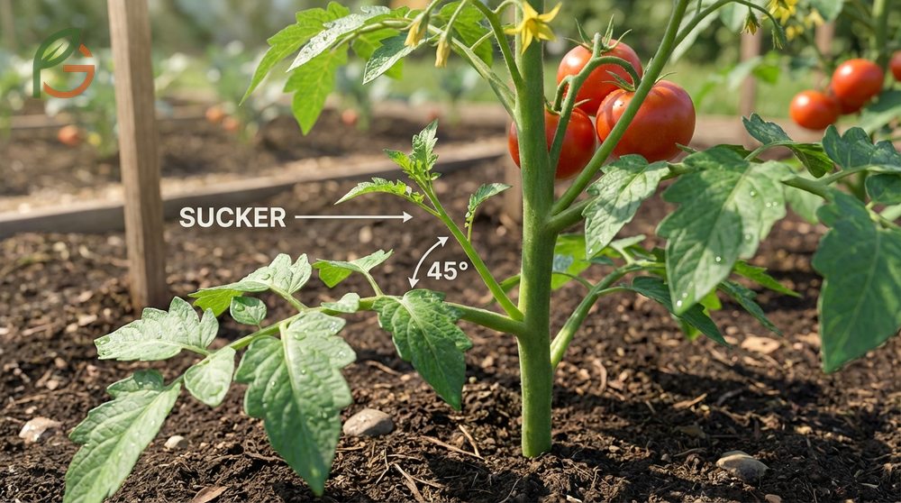 Identifying tomato plant suckers located in the leaf axils at a 45 degree angle from the main stem.