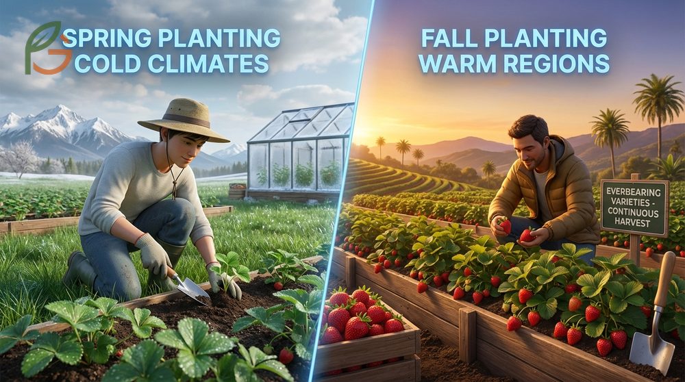 Comparison of June bearing strawberry plants with a single harvest versus everbearing varieties with multiple harvests.