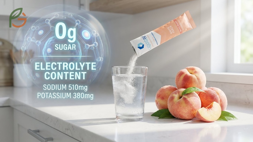 Liquid IV White Peach features essential vitamins and uses cellular transport technology for rapid rehydration.