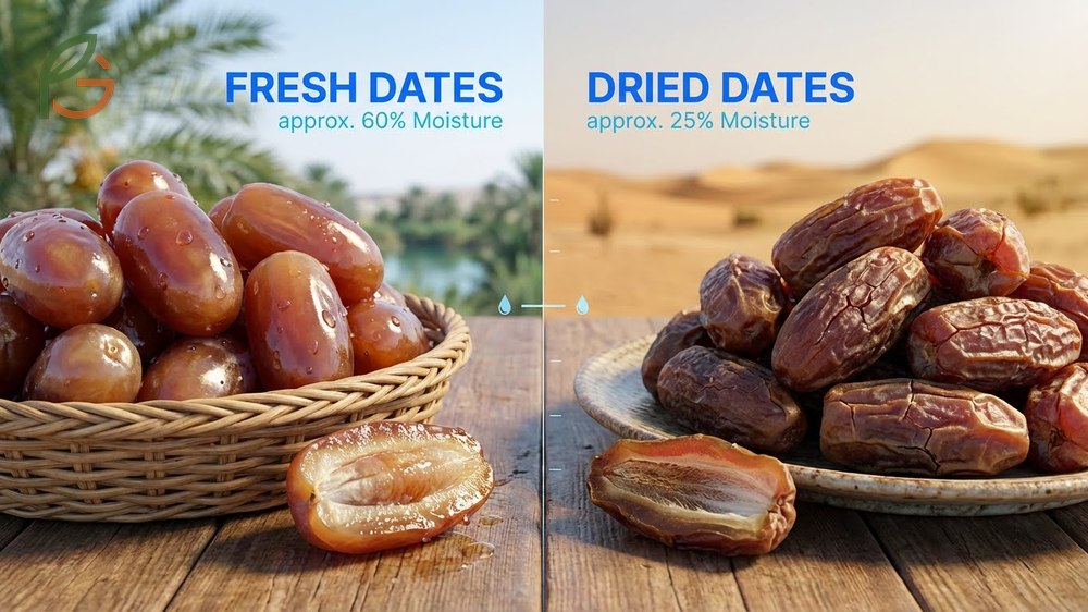 Moisture content differences in dates explain why dried dates concentrate nutrients and sugars due to 60 percent water loss.