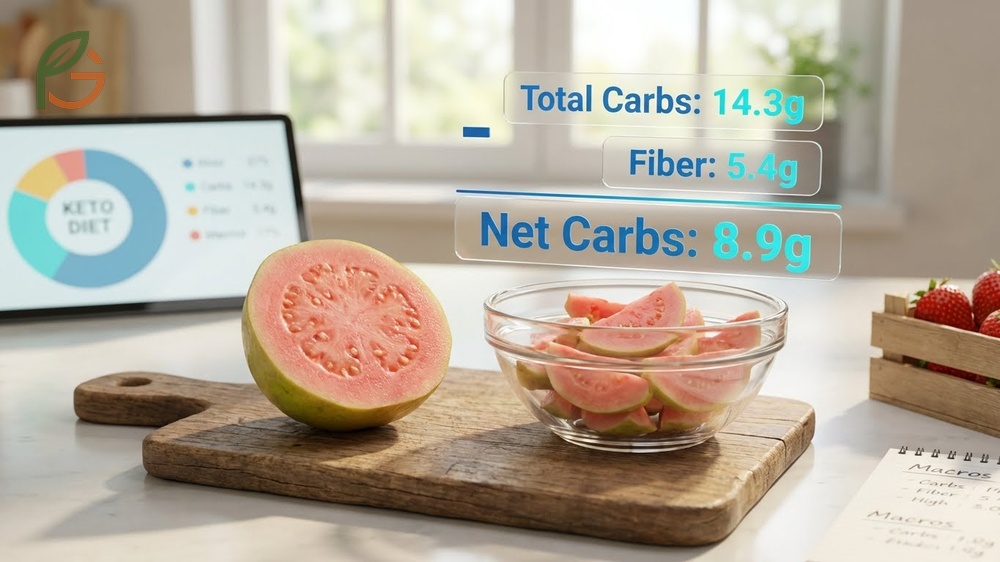 Net carbs guava calculation subtracting 5.4g fiber from 14.3g total carbs for accurate tracking.