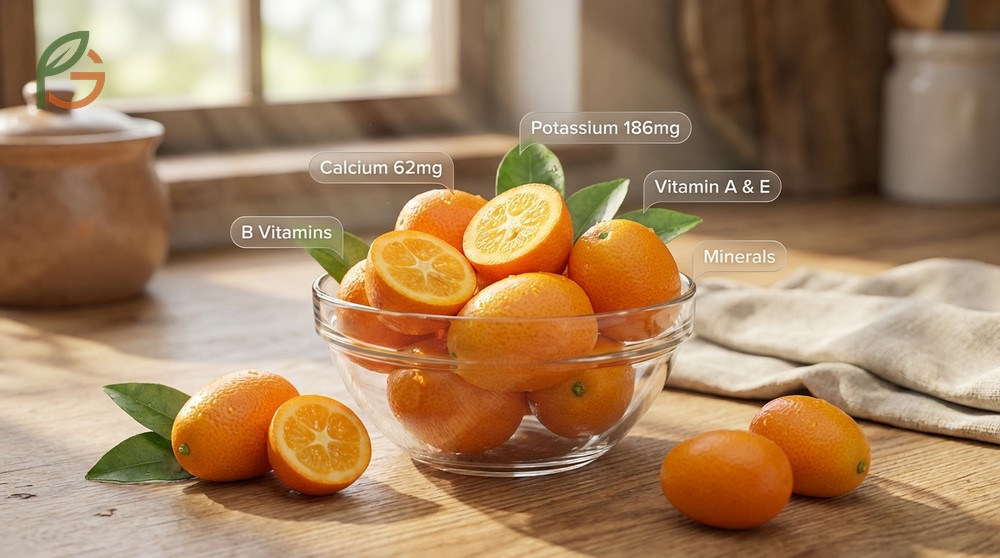 Nutritional value of a kumquat showing the diverse profile of minerals and vitamins in the edible peel.