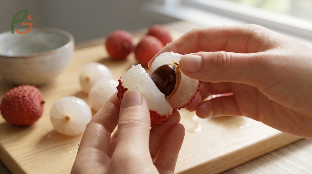 Peeling lychee fruit and removing the seed by splitting the flesh vertically to expose the hard inedible brown pit.