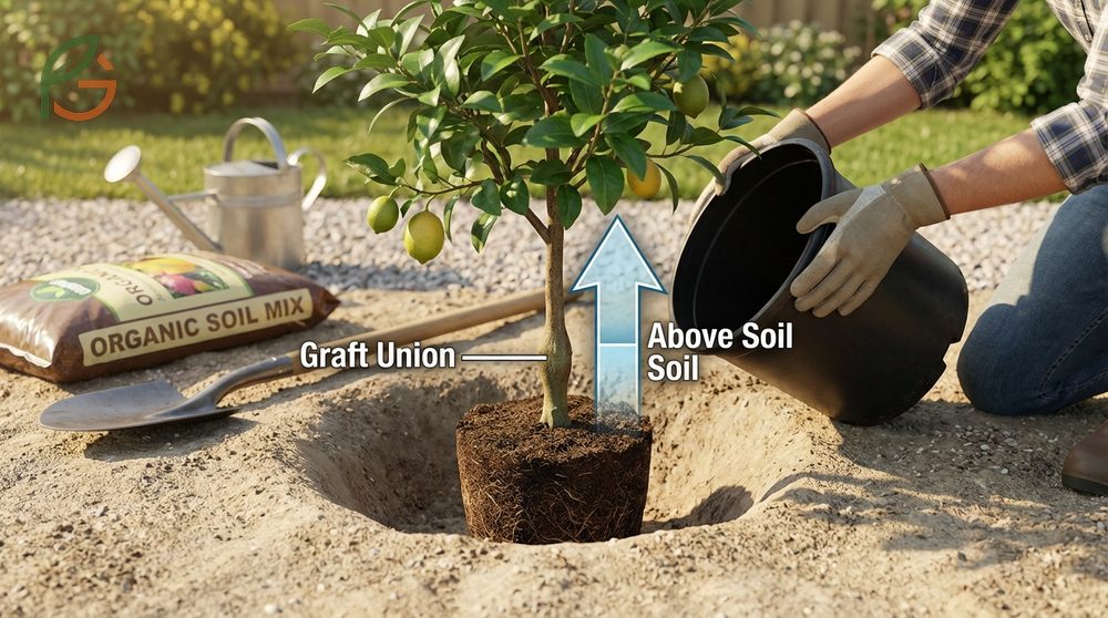 How to plant a lemon tree by digging a proper hole and ensuring sixteen feet of spacing for full canopy development.
