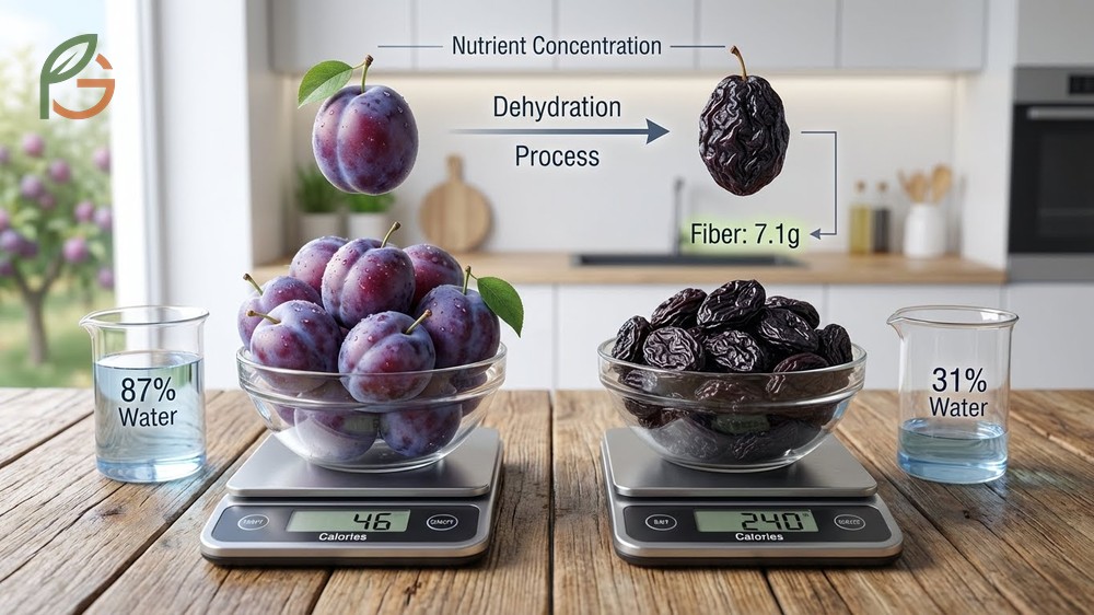 Plum vs prune nutrition comparison contrasting 46 calories in fresh fruit against 240 calories in dried versions.
