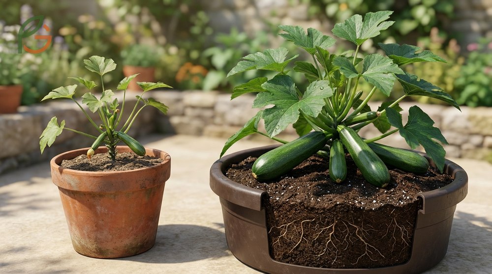Pot size zucchini requirements include five gallon minimum volume and twenty four inch diameter.