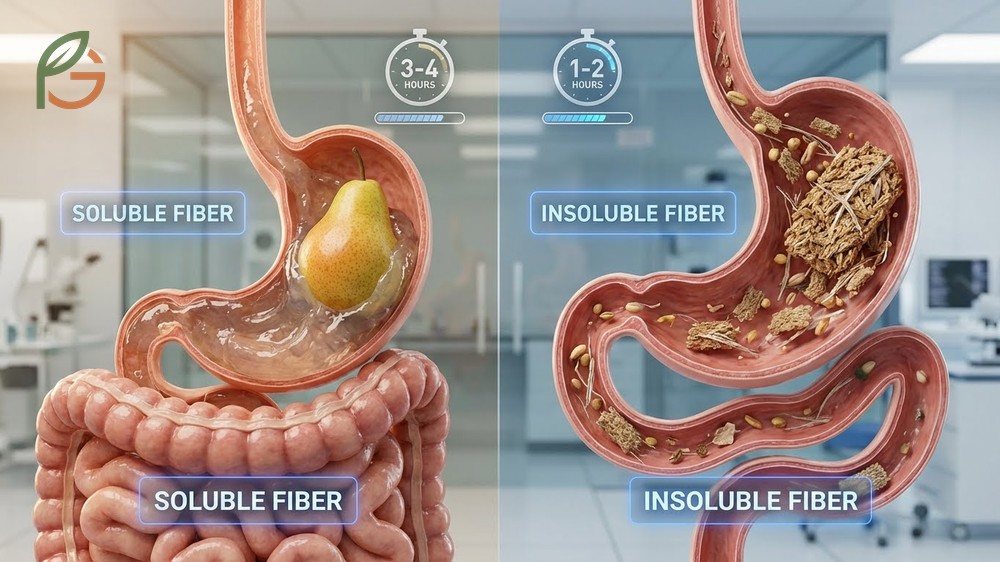Soluble insoluble fiber balance in pears helps slow gastric emptying and clean intestinal walls effectively.