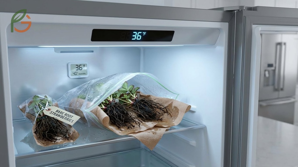Bare root strawberry plants stored in a refrigerator to maintain dormancy before planting.