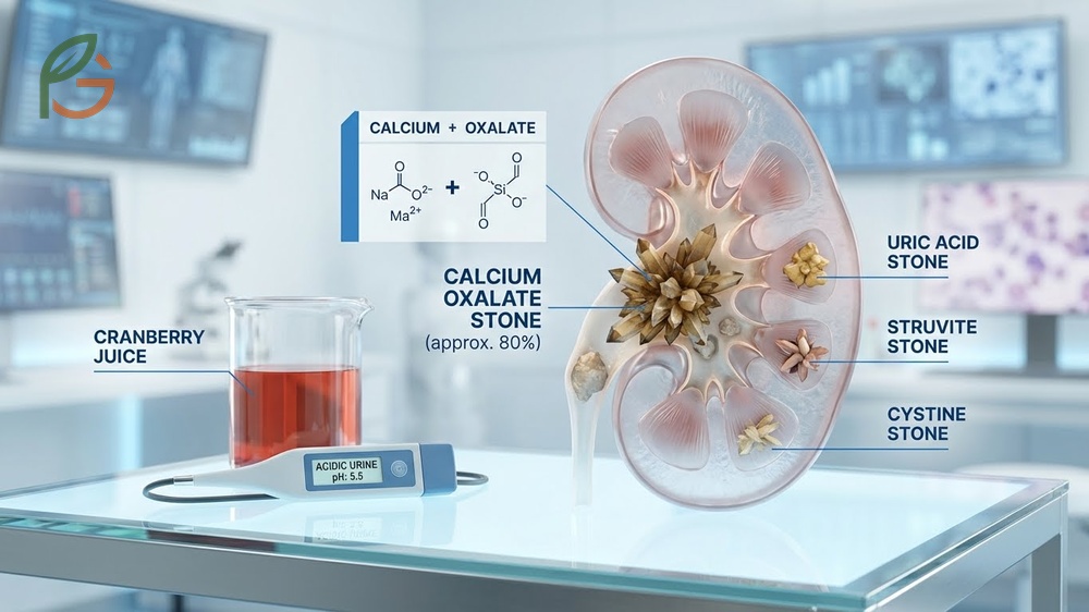Types of kidney stones explaining calcium oxalate uric acid and struvite stones requiring different diets.