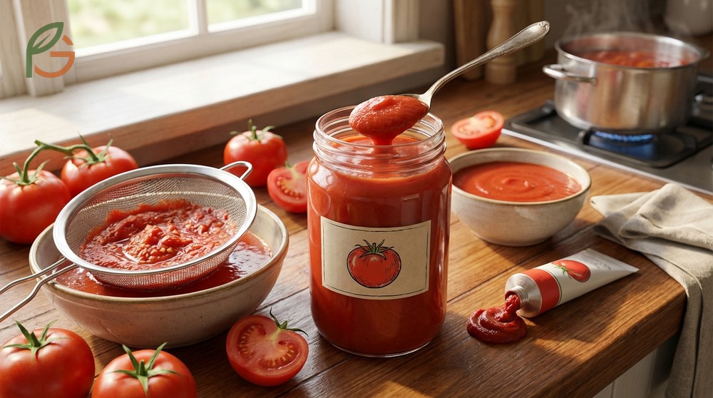 Tomato puree made from strained cooked tomatoes containing between 8 to 24 percent tomato solids.
