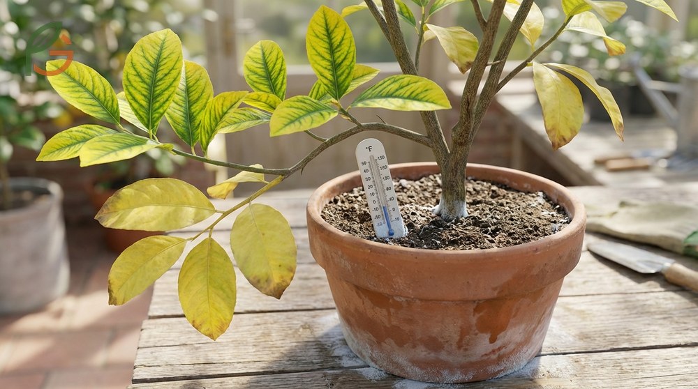 Yellowing lemon leaves showing distinctive patterns like green veins or leaf tip yellowing from nutrient lack.