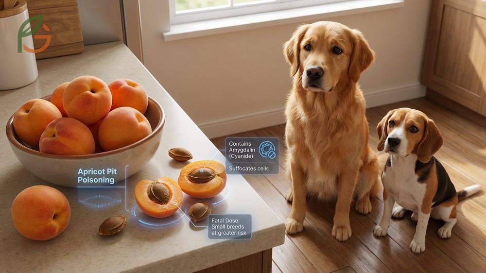 Apricot pit poisoning in dogs is caused by amygdalin which converts to fatal cyanide when digested.