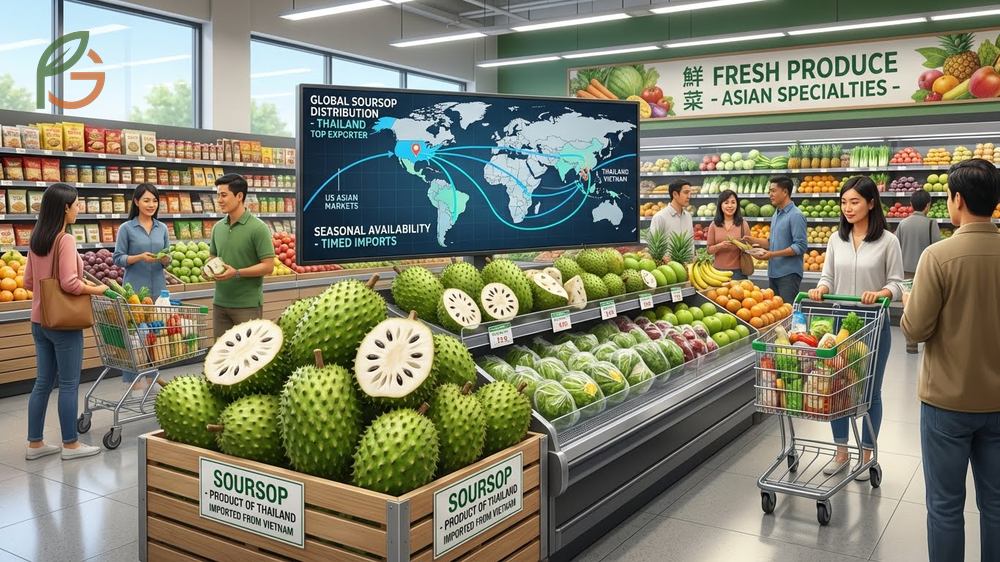 Asian market soursop availability highlighting Thailand as a top exporter with 18.17 percent global market share.