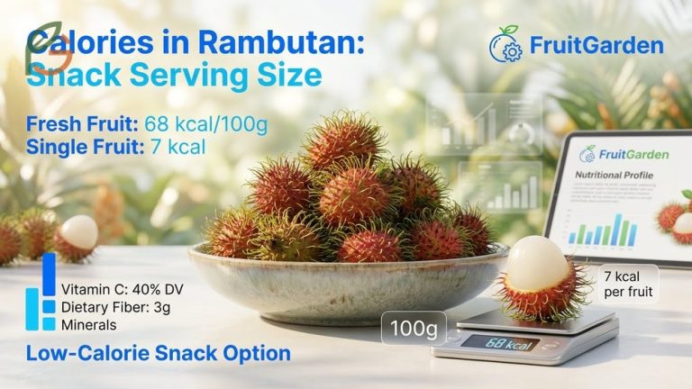 Calories in rambutan analysis showing 68 calories per 100g serving and just 7 calories per single fruit for healthy snacking.