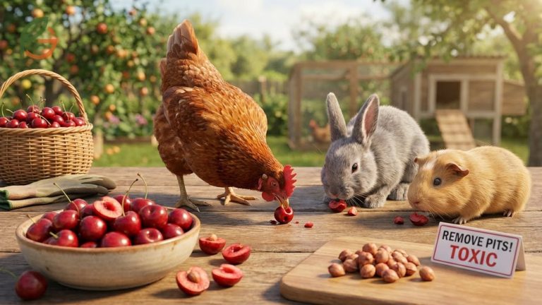 Can chickens eat cherries overview explaining that flesh provides vitamin C and fiber while pits must be removed to prevent poisoning.