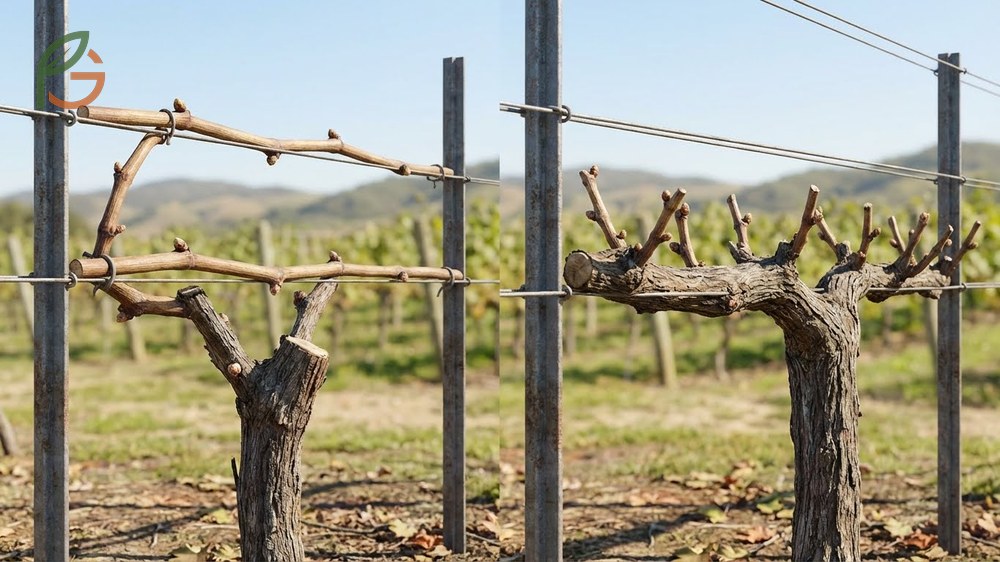 Cane pruning vs spur pruning methods explained with distinct advantages for different grape varieties.