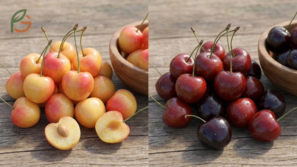 Color and appearance differences feature the golden yellow skin of Rainiers contrasted against the deep mahogany red of Bings.