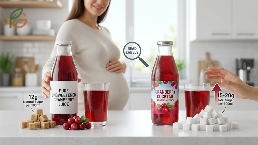 Choosing the right type of cranberry juice while pregnant by selecting unsweetened options to minimize sugar intake.