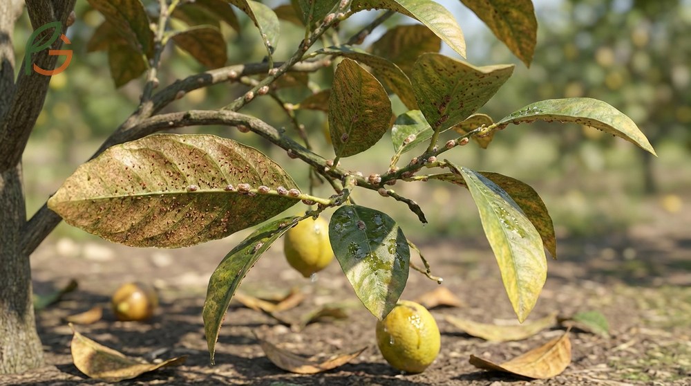 Citrus tree problems showing pests like rust mites and soft scale that cause premature leaf drop.