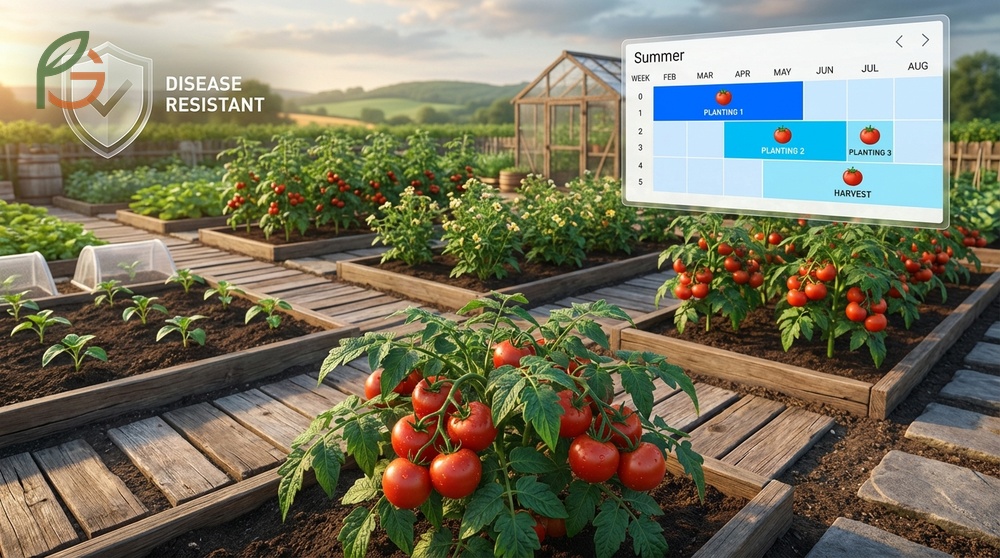 Determinate tomato characteristics include a predictable harvest window of 2 to 3 weeks and compact self supporting growth.