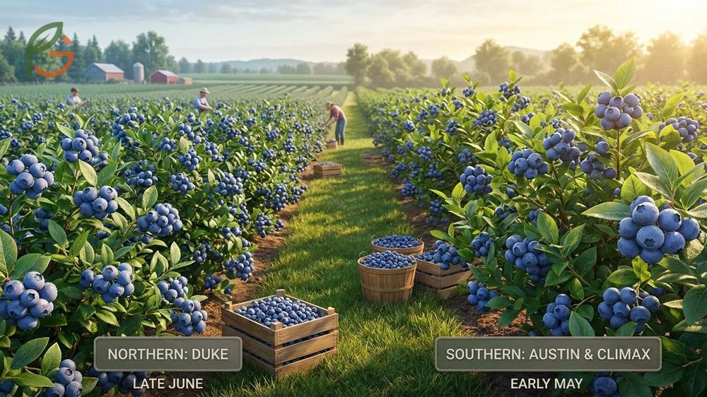 When are blueberries in season early varieties like Duke and Southern rabbiteye types ripening weeks before others.
