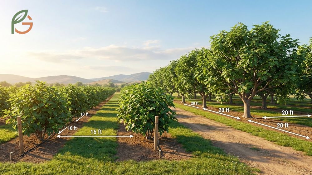 Fig tree spacing requirements of twenty feet prevent overcrowding in orchard settings.