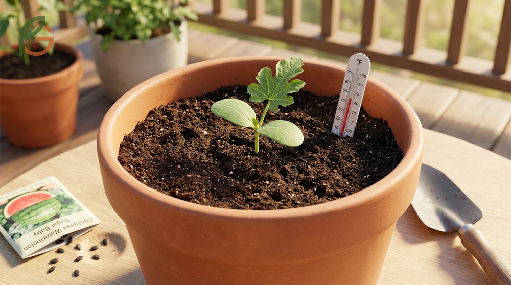 Growing watermelon in containers requires minimum 7 to 10 gallon pots for optimal root development and yield.