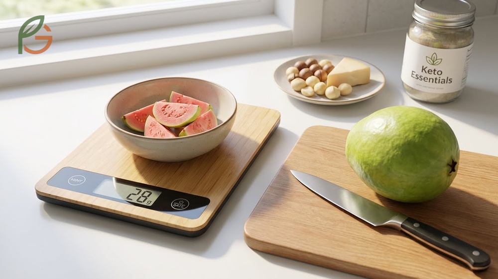 Guava serving keto tips suggesting 25g portions paired with macadamia nuts for stability.