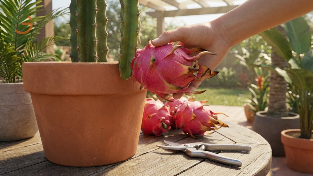 Harvesting your potted dragon fruit is best done 30-50 days after flowering when the skin turns a uniform bright color.
