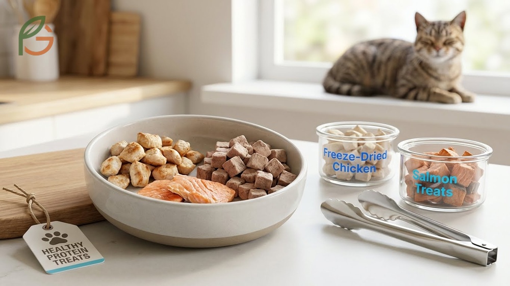 Healthy treats for cats emphasizing protein rich options like cooked chicken or freeze dried meat.