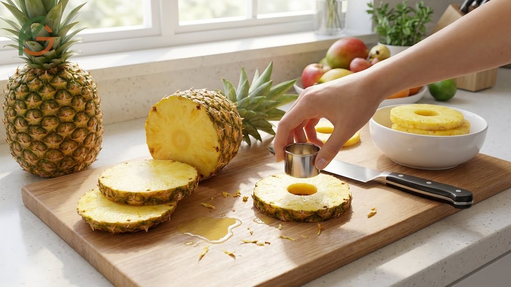 How to cut a pineapple into rings using a biscuit cutter or knife to remove the tough core.
