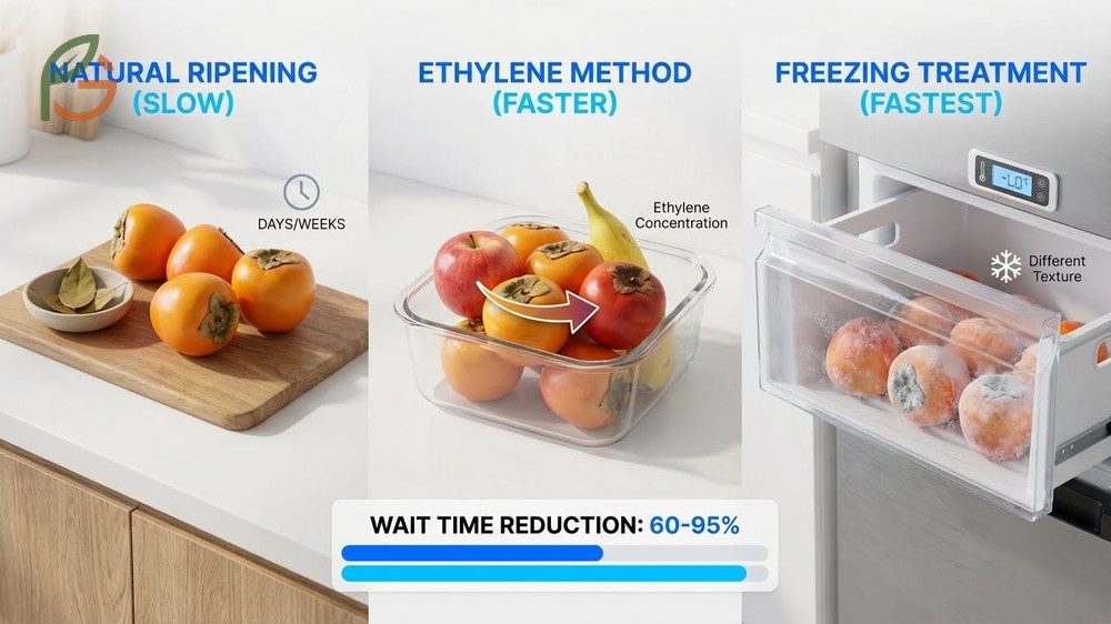 How to ripen persimmons quickly using ethylene from apples or freezing at minus 4 degrees Fahrenheit for 24 hours.