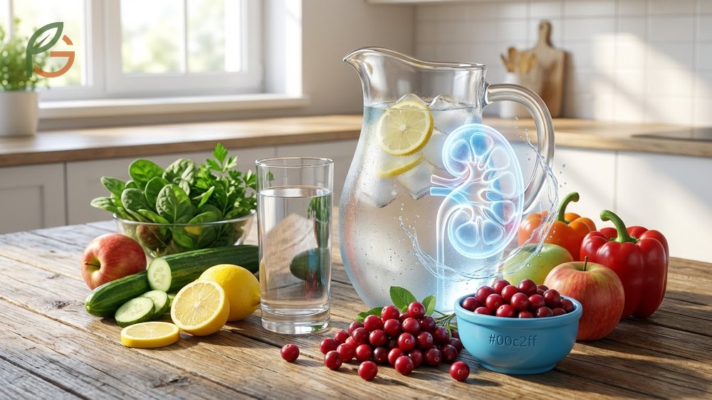Kidney cleansing foods list including water lemon juice and berries to support natural filtration.