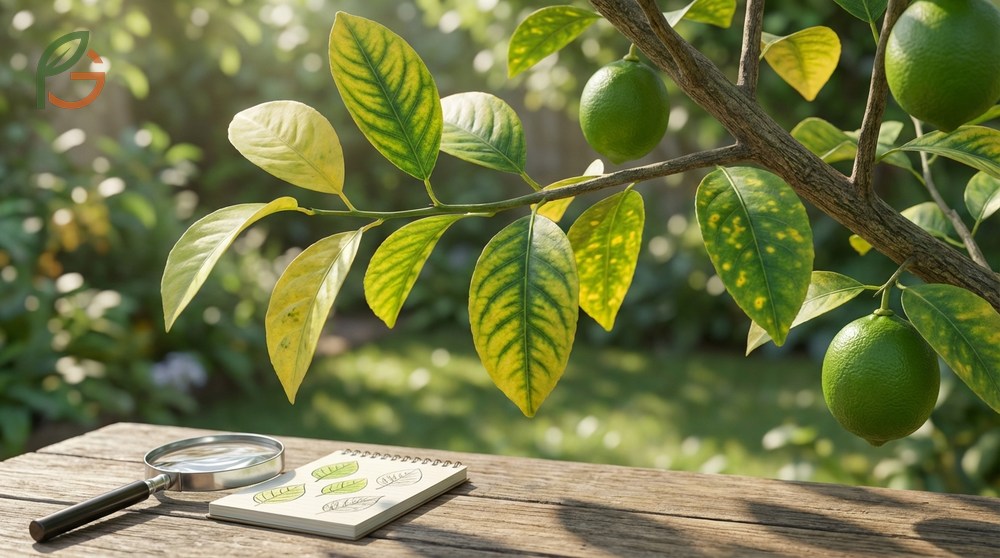 Lime tree yellow leaves patterns distinguishing between nitrogen deficiency on old leaves and iron chlorosis on new growth.