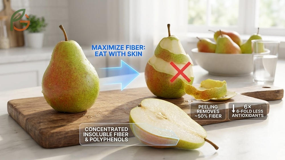 Maximizing pear fiber intake by eating the skin to retain insoluble fiber and concentrated antioxidants.