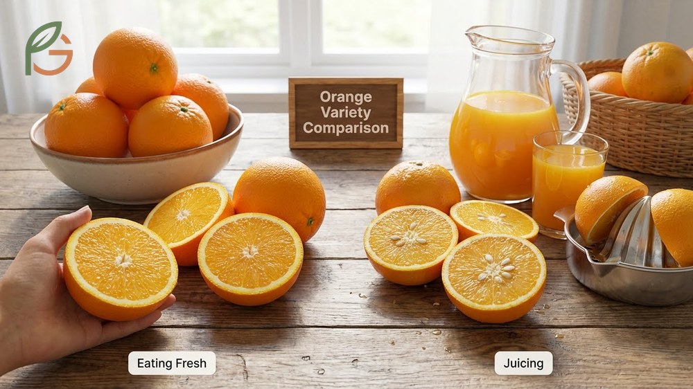 Orange variety comparison highlights that Navels are completely seedless while Valencias typically contain a few seeds.