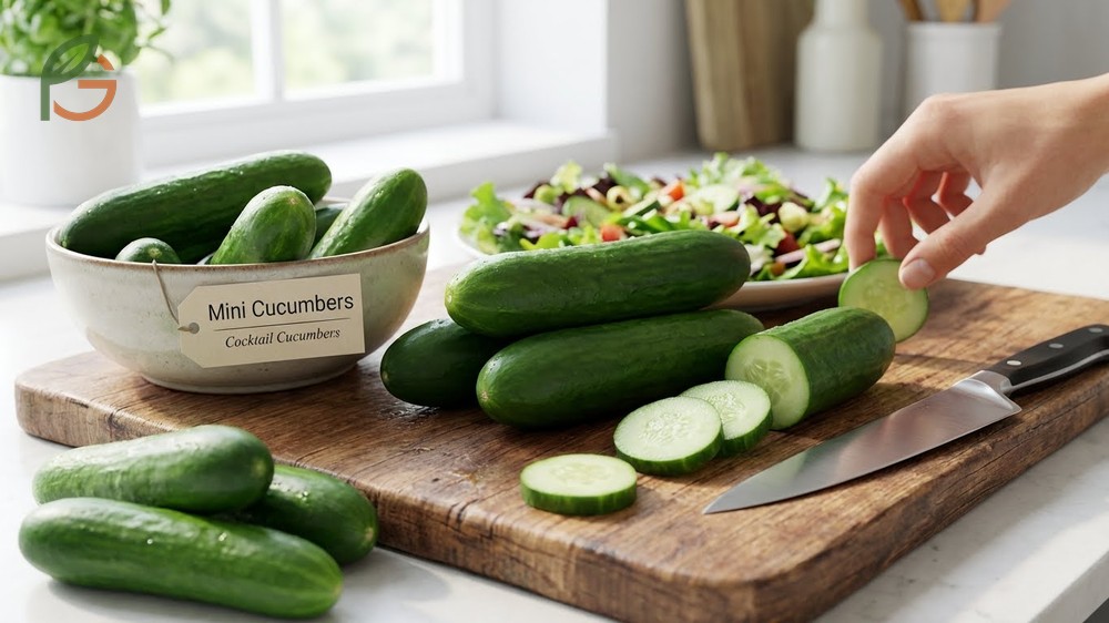 Small crisp Persian cucumbers measuring four to six inches with thin edible skin suitable for snacking without peeling.