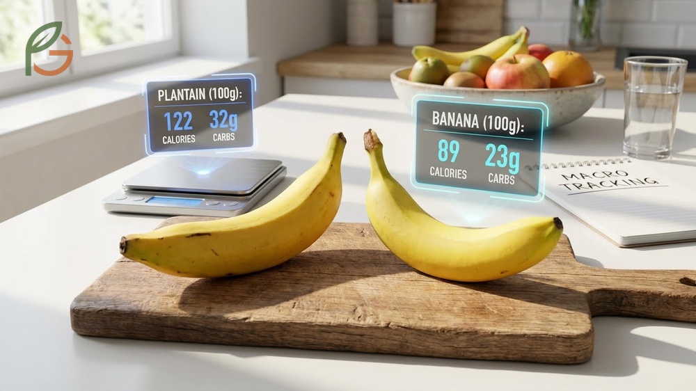 Nutritional value of plantains versus bananas focusing on higher carbohydrate and potassium levels.