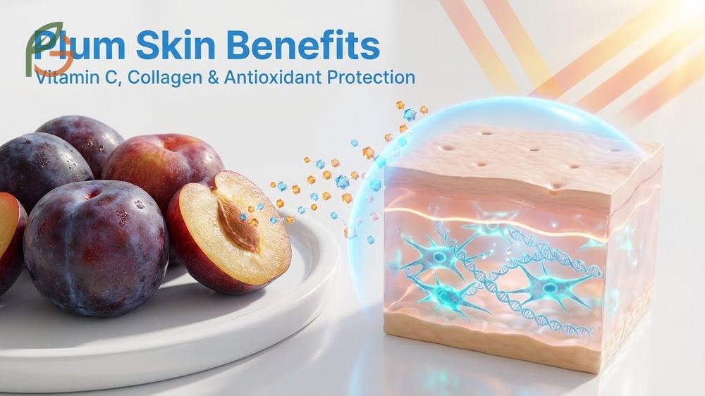 Plum skin benefits for collagen production featuring vitamin C and anthocyanins that protect against UV damage.