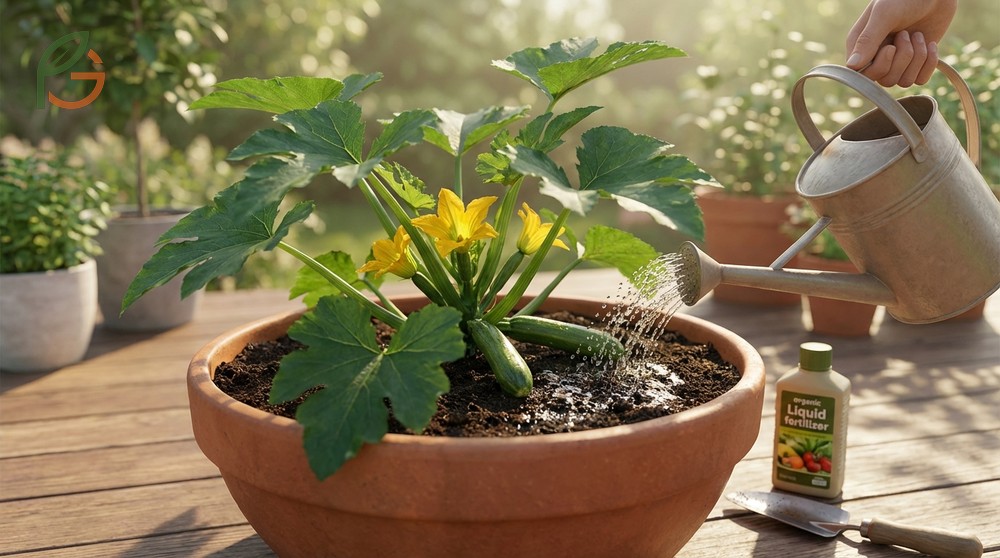 Potted zucchini care involves daily watering when temperatures exceed eighty five degrees fahrenheit.