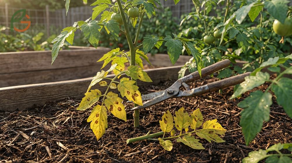 Removing yellow tomato leaves from the bottom 12 inches of the plant prevents soil borne fungal diseases.