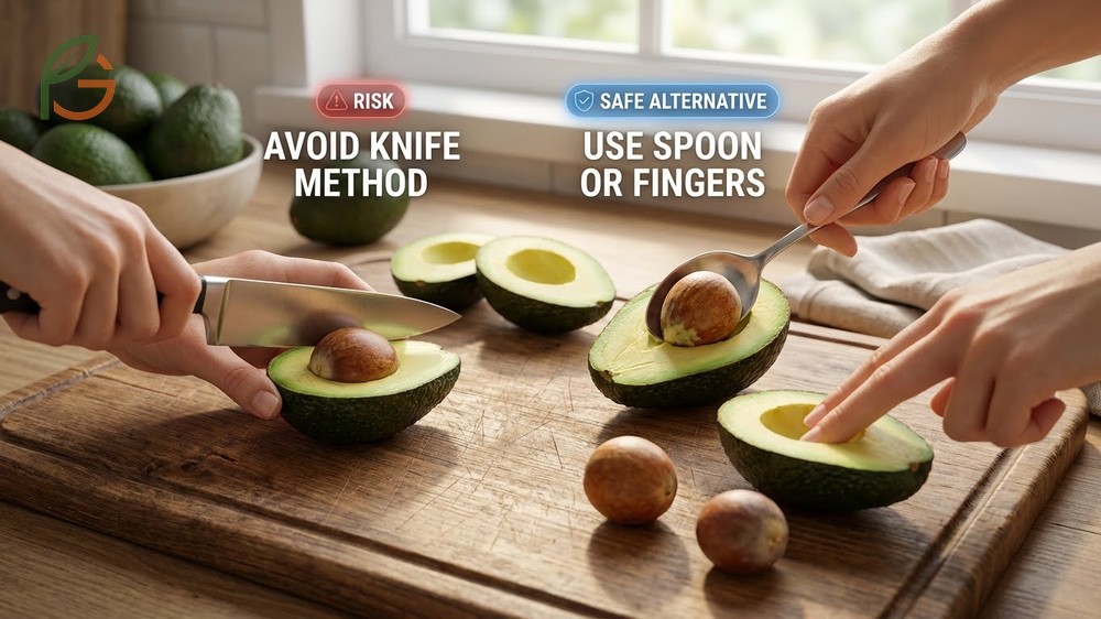 How to remove avocado pit safely using the spoon scoop or push technique to avoid knife injuries.