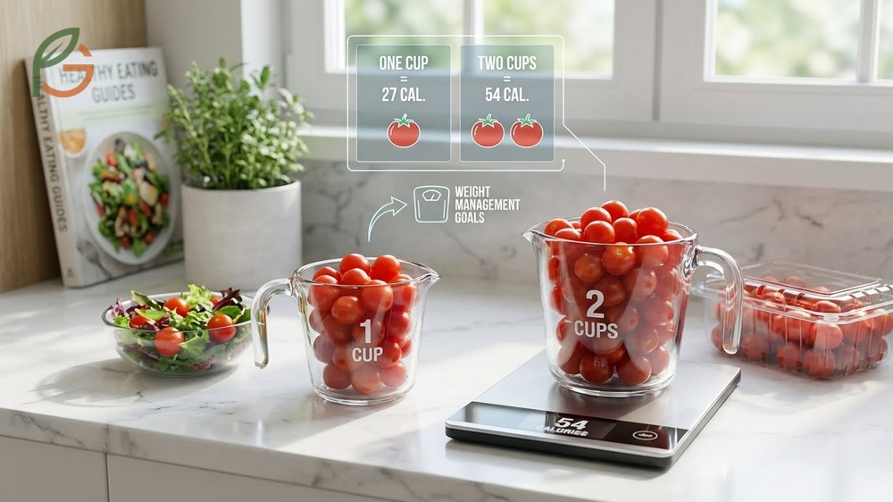 Serving size nutrients for cherry tomatoes allow for large portions that aid weight management.